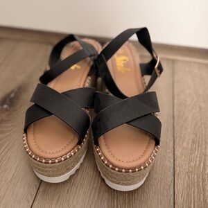 SHEFIT Black Crisscross Espadrille Wedge Sandals